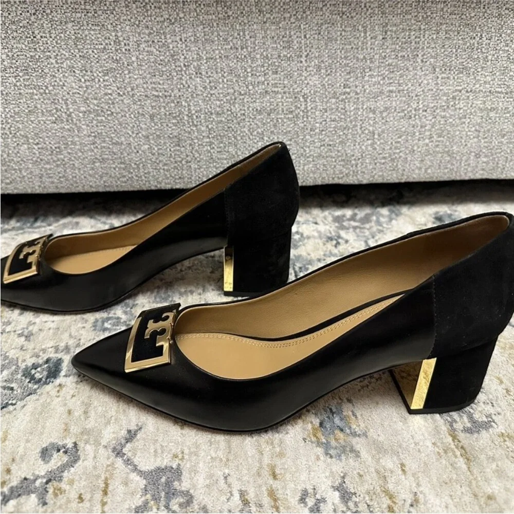 Tory Burch GiGi Black Leather Pointed Toe Block Heel Pumps, size 8.5, EUC - Picture 2 of 5